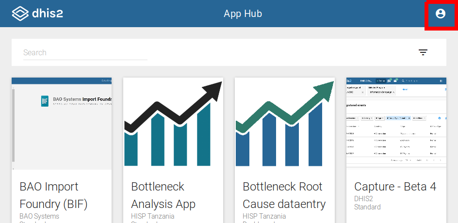 DHIS2 App Hub log in button