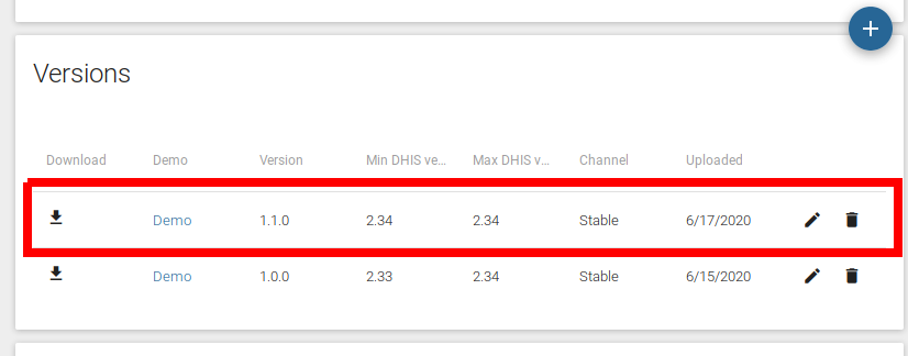 App versions list after addition