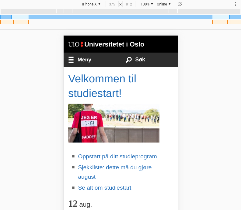 Testing the responsiveness of the home page of UiO with Chrome simulating an iPhone X.