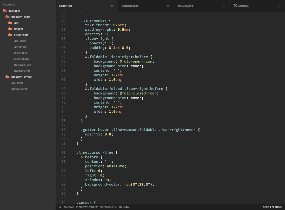 Atom screenshot with a custom color theme and the sidebar file browser open.