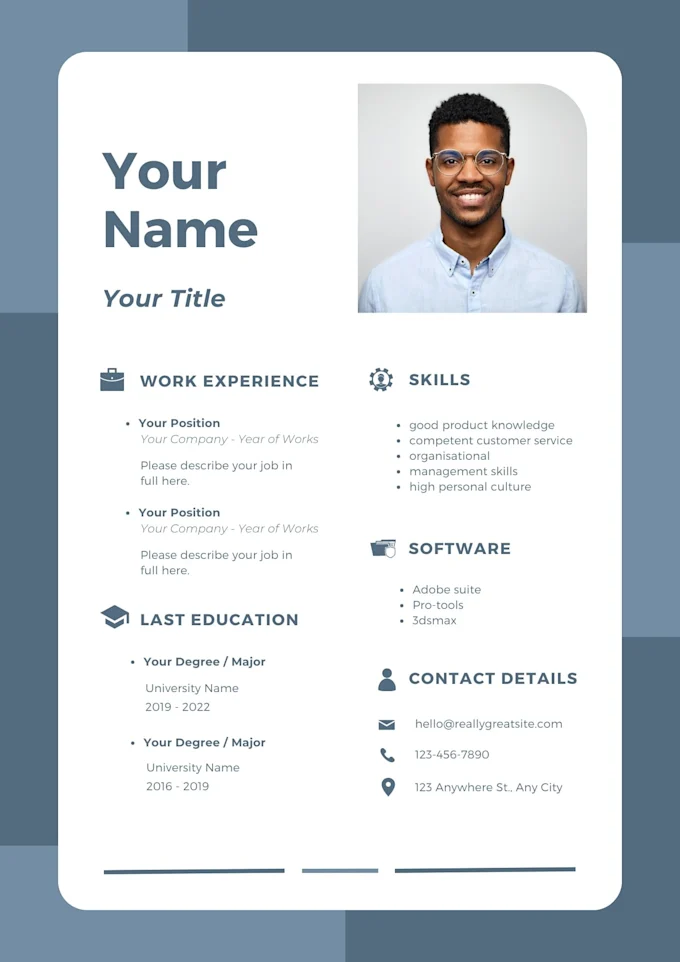 An example personal page with a header and a list of projects and work experiences.